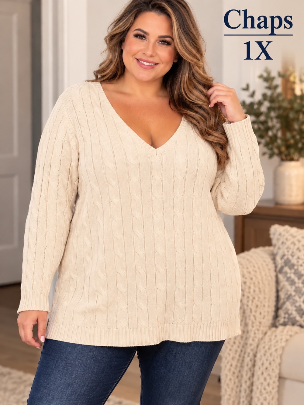 Chaps 1X Ivory Cable Knit V-Neck Sweater 100% Cotton Plus Size Preppy
